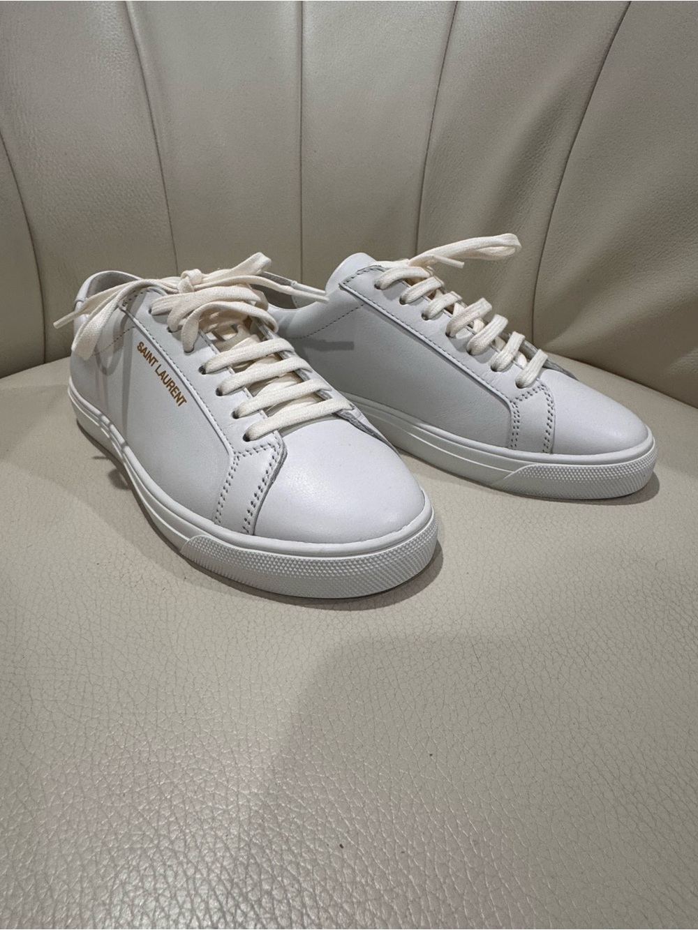Saint Laurent White Leather Low-Top Sneakers with Gold Logo